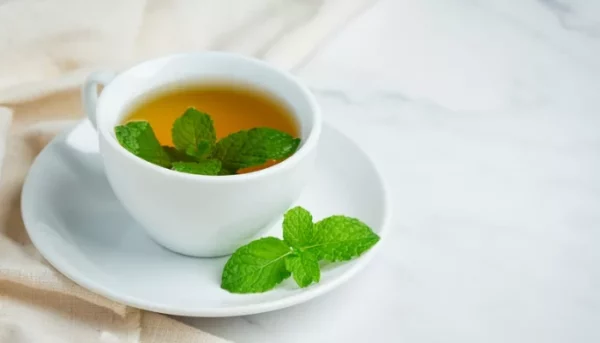 كوب من الشاي العربي مع أوراق النعناع الطازجة، موضوع على صحن أبيض مع أوراق نعناع إضافية على الجانب، على سطح رخامي.
