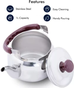 غلاية شاي أنيقة من الفولاذ المقاوم للصدأ تتميز بمقبض وغطاء أرجواني نابض بالحياة. تم تصميم هذه الغلاية بسعة 1 لتر لسهولة التنظيف والسكب المريح، مما يجعلها مثالية لتخمير جميع أنواع الشاي.