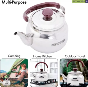 غلاية فولاذية متعددة الاستخدامات تتميز بمقبض وغطاء باللون العنابي، مثالية للاستمتاع بجميع أنواع الشاي سواء كنت تخيم أو في المنزل في المطبخ أو تستكشف الهواء الطلق.