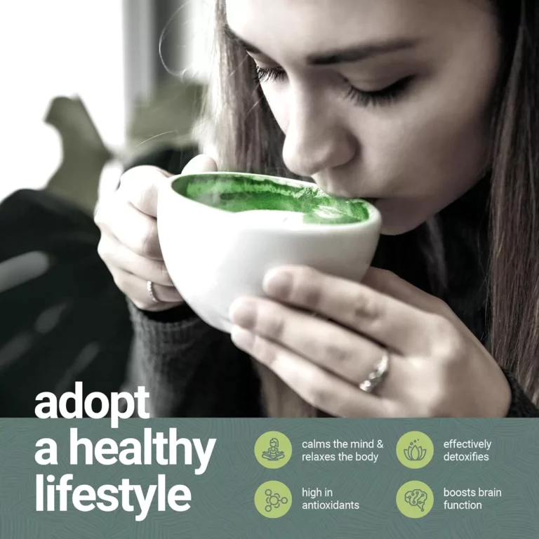 نص بديل: "شخص يستمتع بالشاي الأخضر مع نص "اتبع أسلوب حياة صحي" وأيقونات تعرض فوائد الشاي.