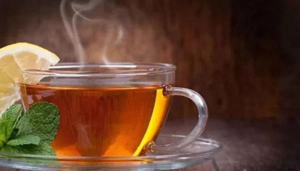 كوب شاي ساخن مزين بشريحة ليمون وأوراق نعناع طازجة على طبق شفاف، على خلفية ريفية داكنة. مثالي لأي مدونة لمحبي الشاي.